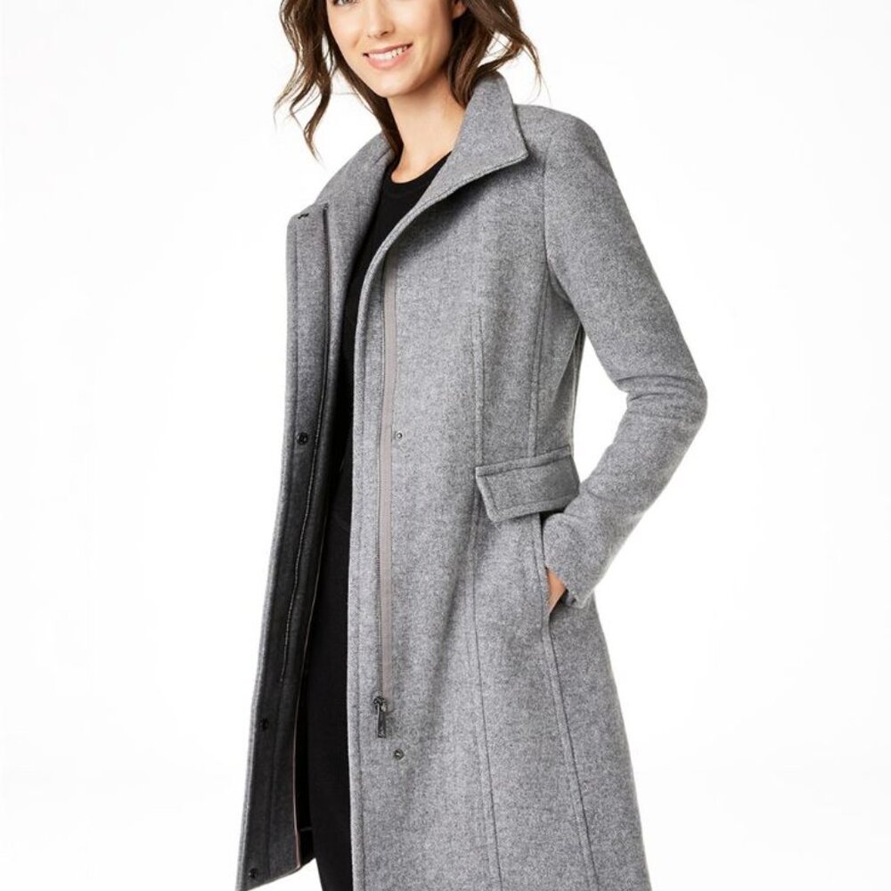 Calvin Klein Stand-Collar Walker Coat, Color Grey Herringbone